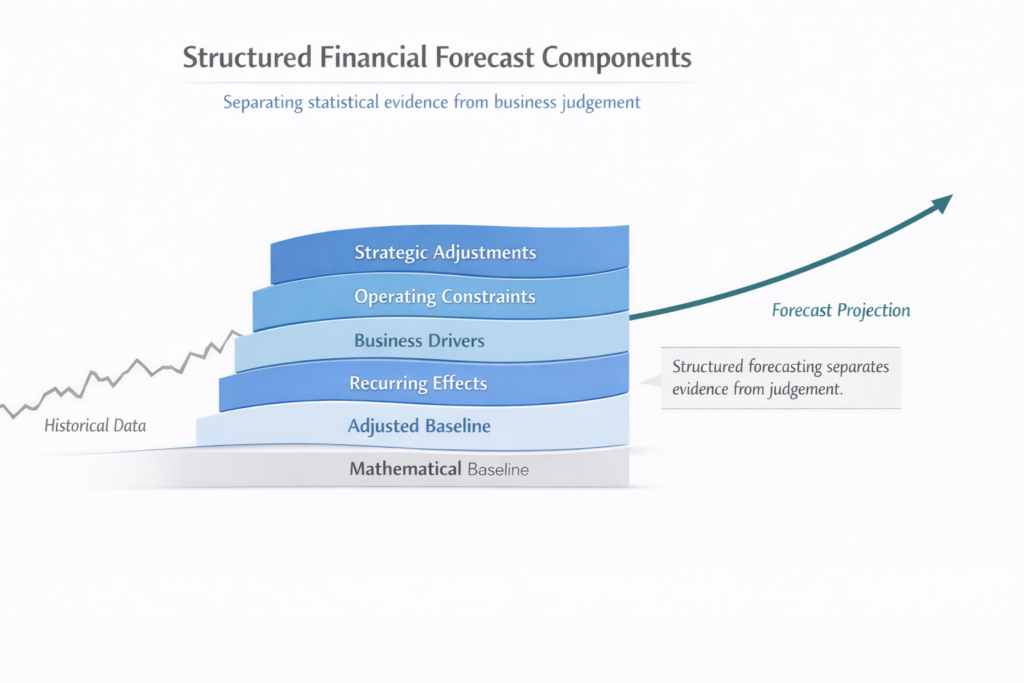 Layered financial forecasting diagram showing baseline, recurring effects, business drivers, operating constraints and strategic adjustments.
